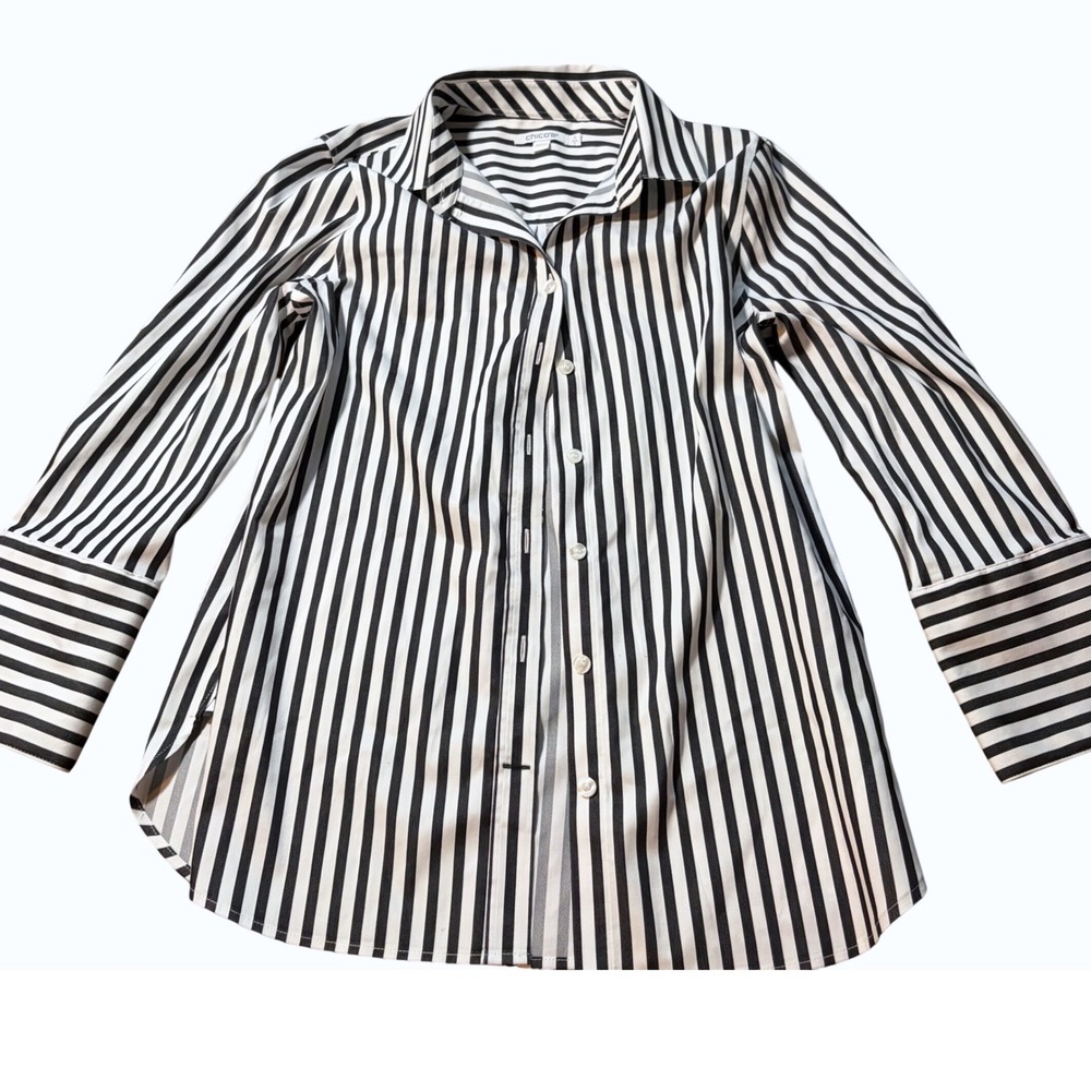Chic Chico's Black White Striped Button Down Shirt Blouse Size0 US4 Cotton Blend